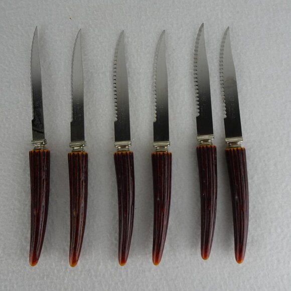6 REGENT SHEFFIELD Steak Knives Stainless Blade Faux Antler Handle Original Box - Picture 4 of 14